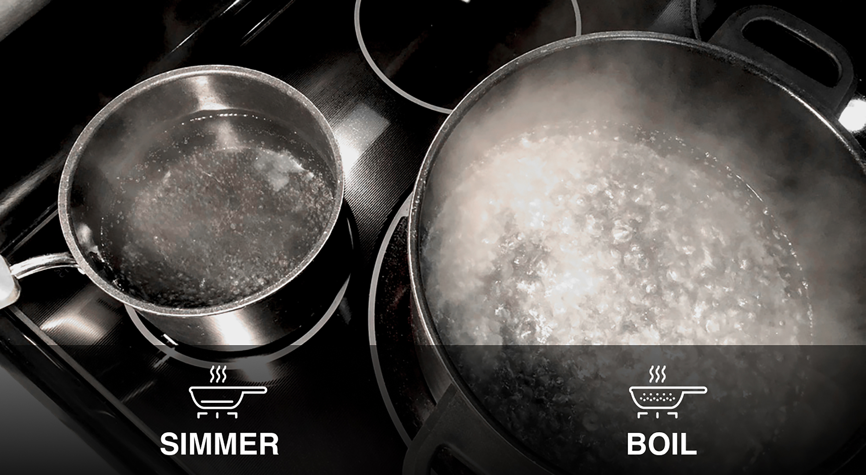 A pot of simmering water and a pot of boiling water on a stovetop