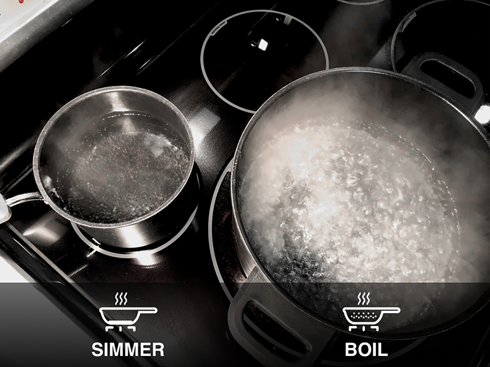 A pot of simmering water and a pot of boiling water on a stovetop
