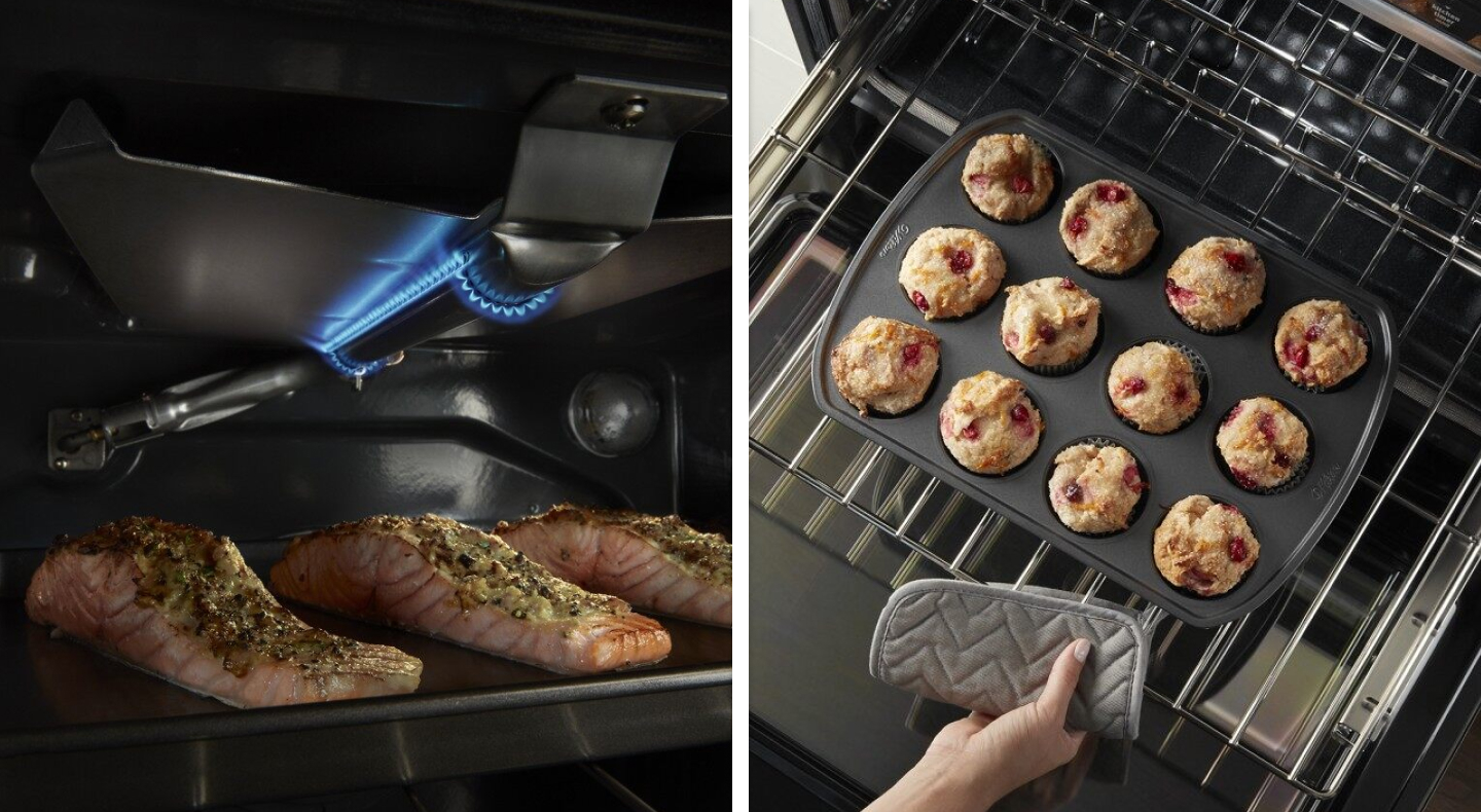 Fish filets under the broiler in the oven and an overhead shot of muffins on a pulled out oven rack