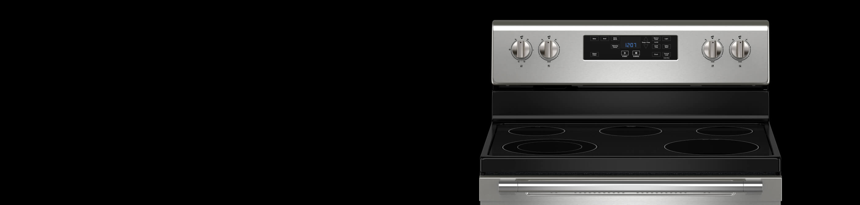 A Maytag® electric stove on a black background