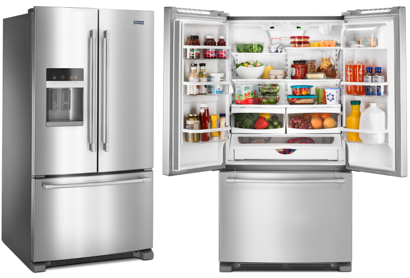 Maytag brand French door refrigerators next to each other with one opened