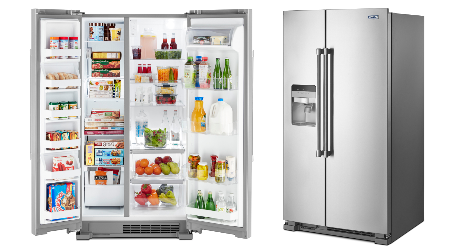 Maytag brand side-by-side refrigerators next to each other with one opened