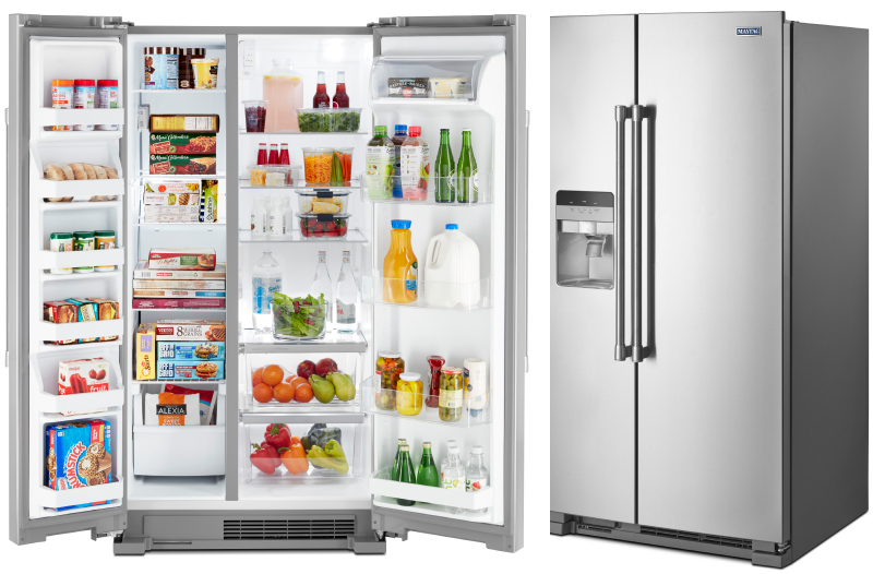 Maytag brand side-by-side refrigerators next to each other with one opened
