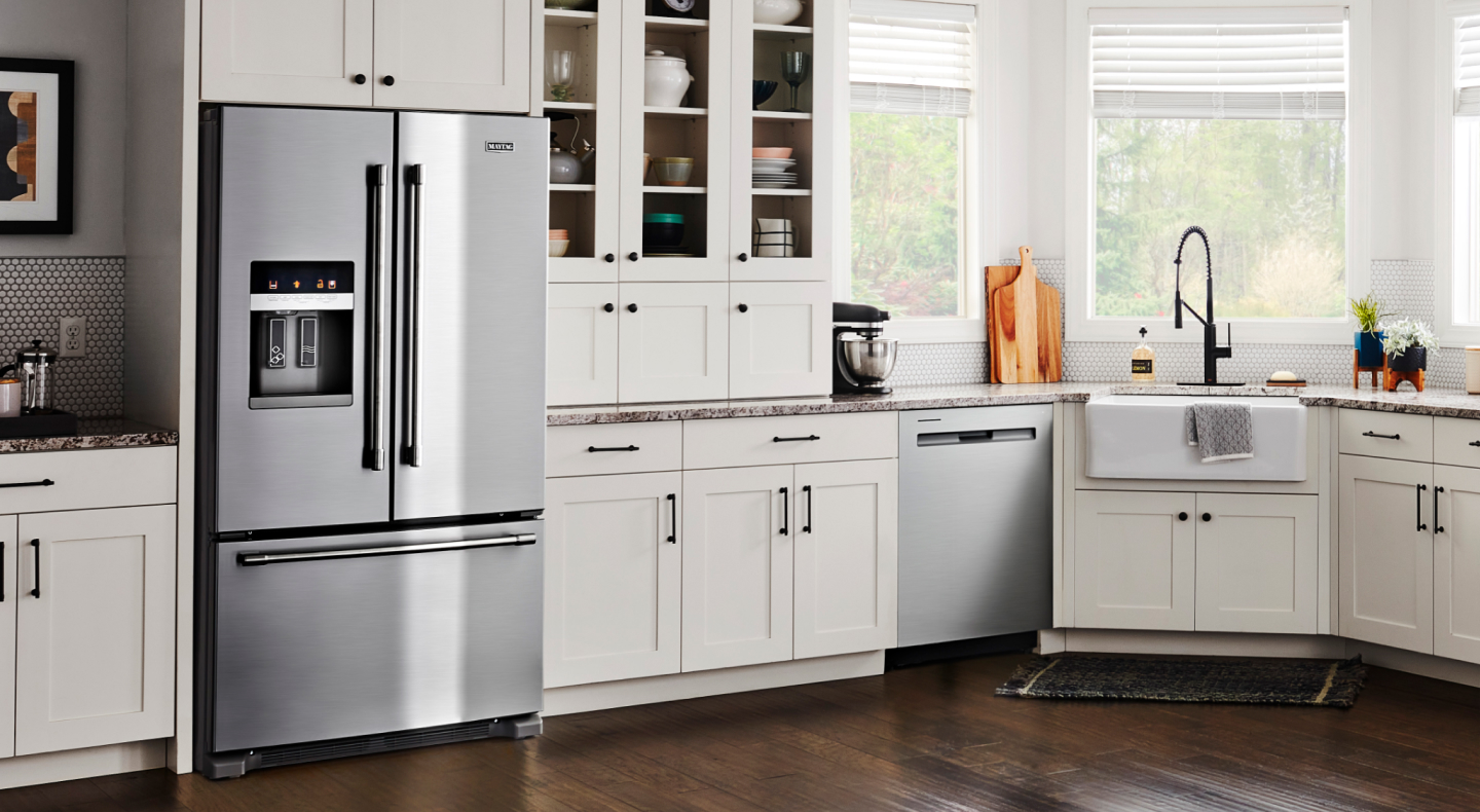 Maytag brand French door refrigerator in a modern kitchen