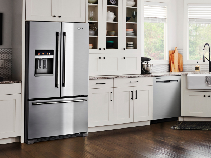 Maytag brand French door refrigerator in a modern kitchen