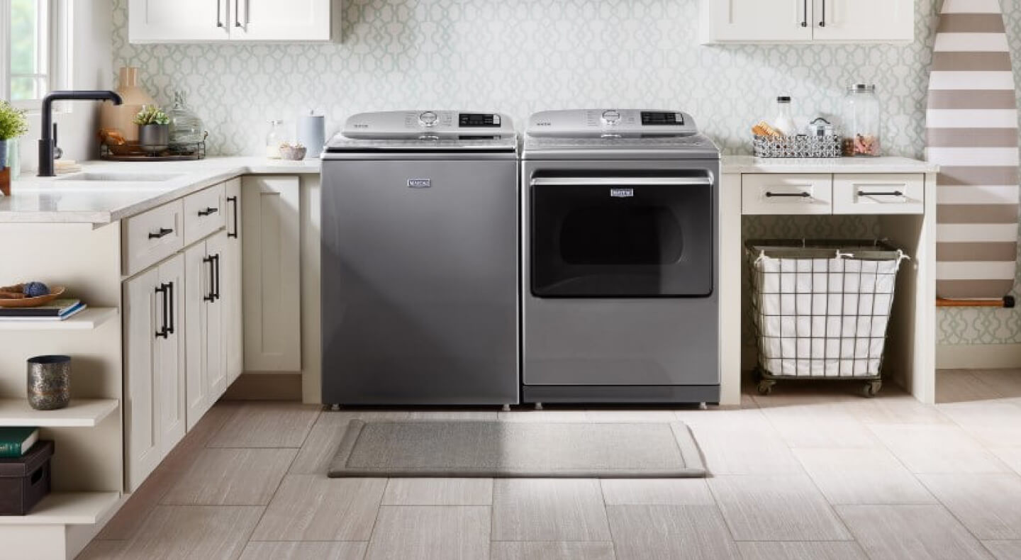 A Maytag® washer and dryer in an updated laundry room