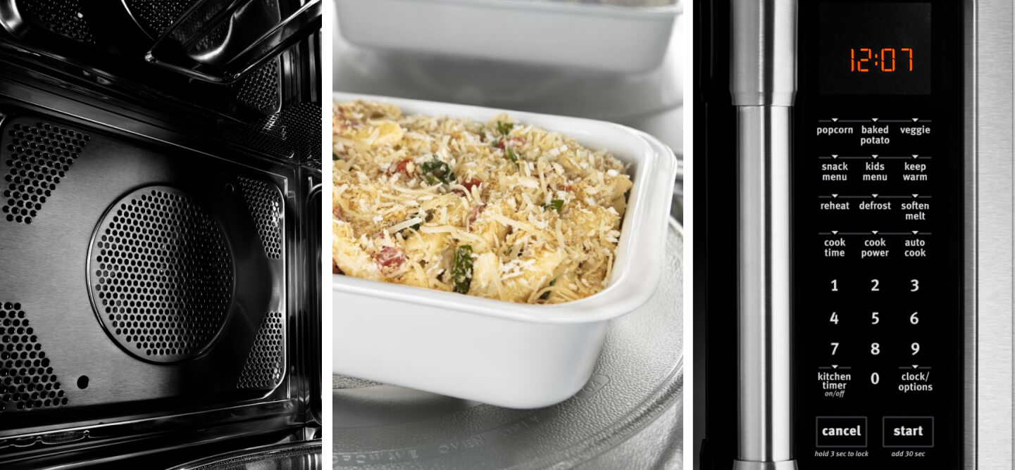 Collage of microwave interior, a casserole and a microwave control panel