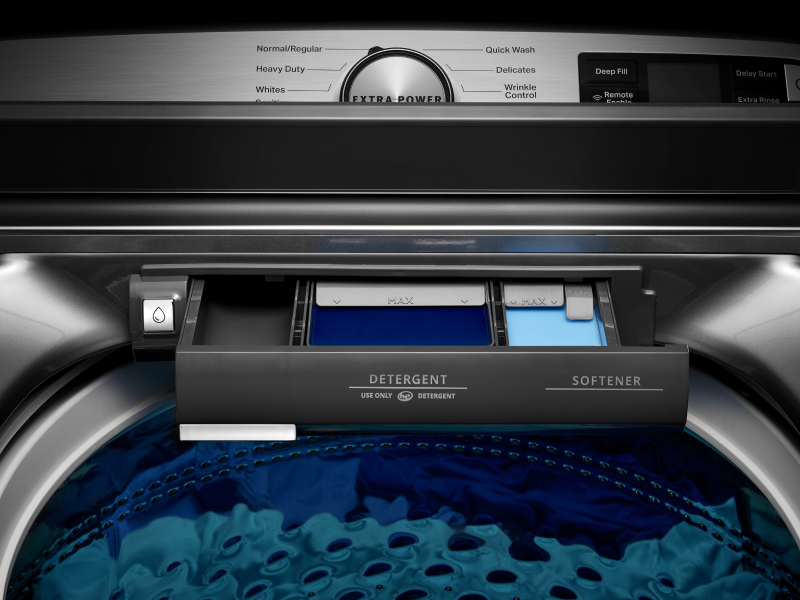 Maytag® washing machine detergent and fabric softener compartment