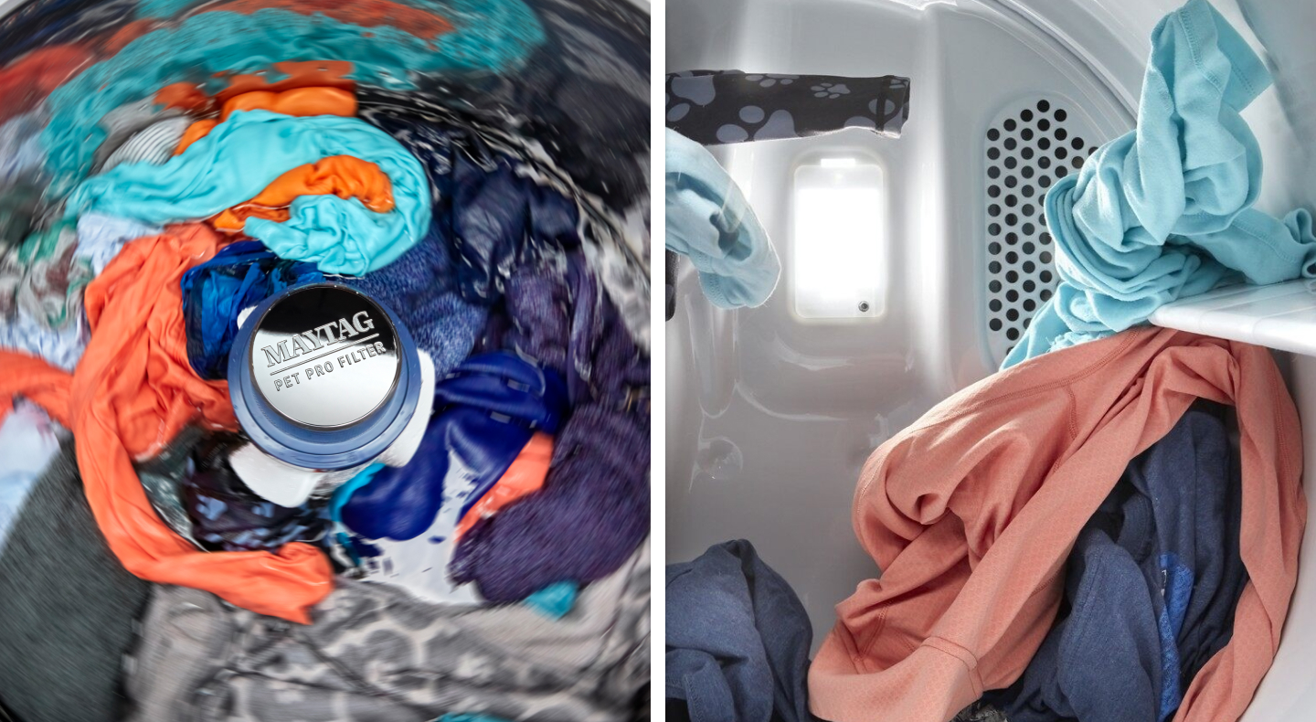 A close-up of clothes in a washer and dryer
