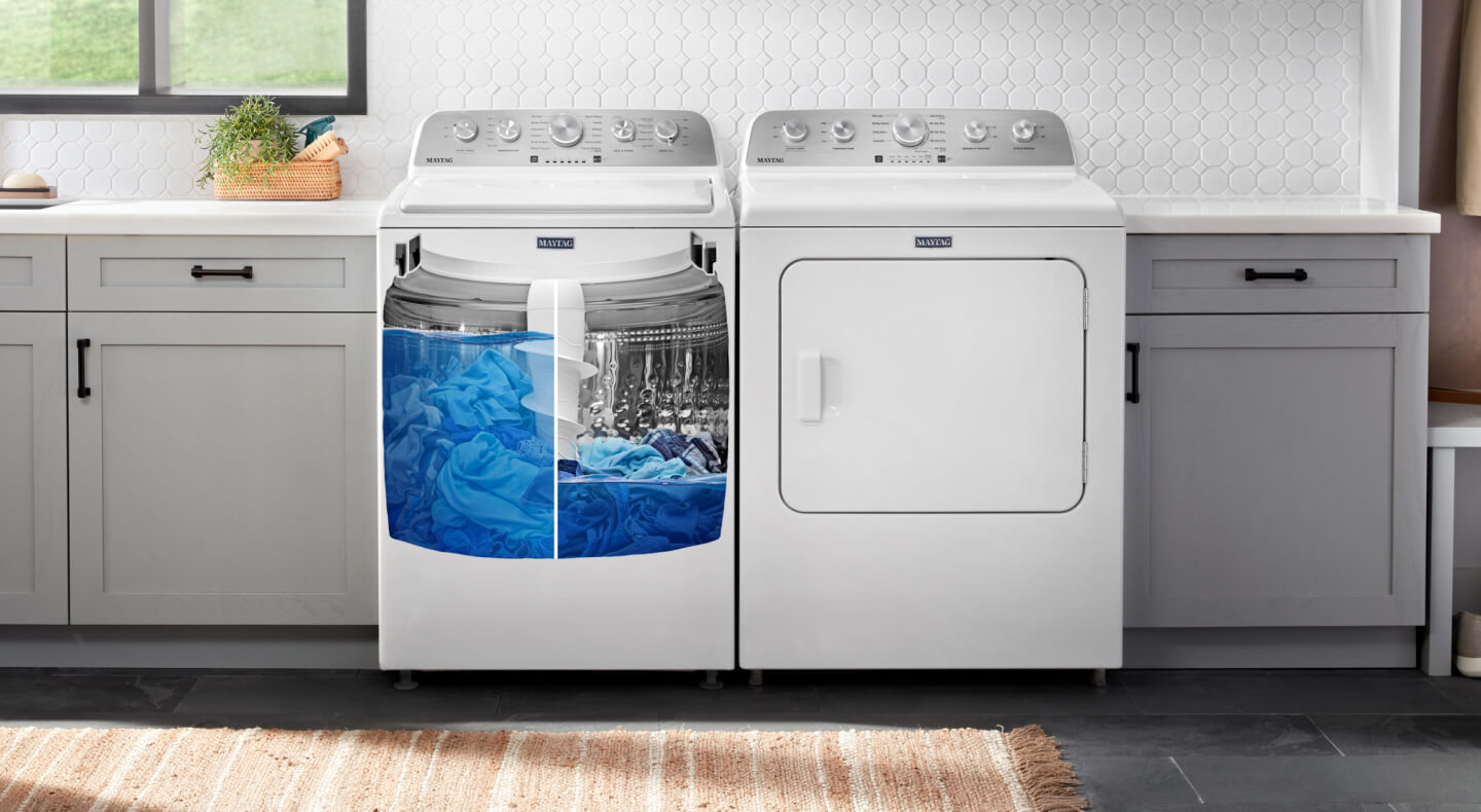 View of the inside of a Maytag® washing machine with different water levels