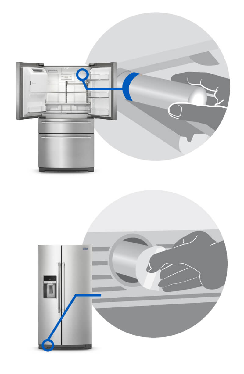 Diagram showing how to replace a water filter in a Maytag® refrigerator