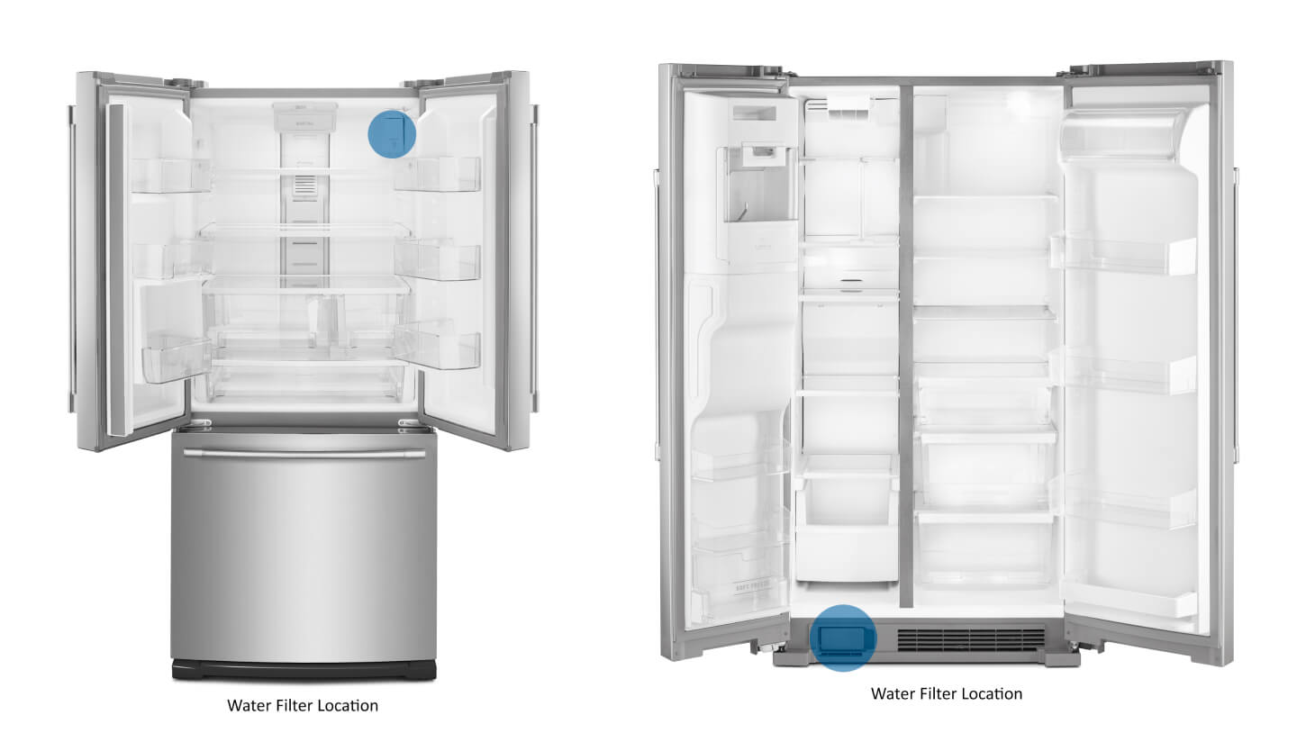 Diagram showing the locations of a water filter for a Maytag® refrigerator