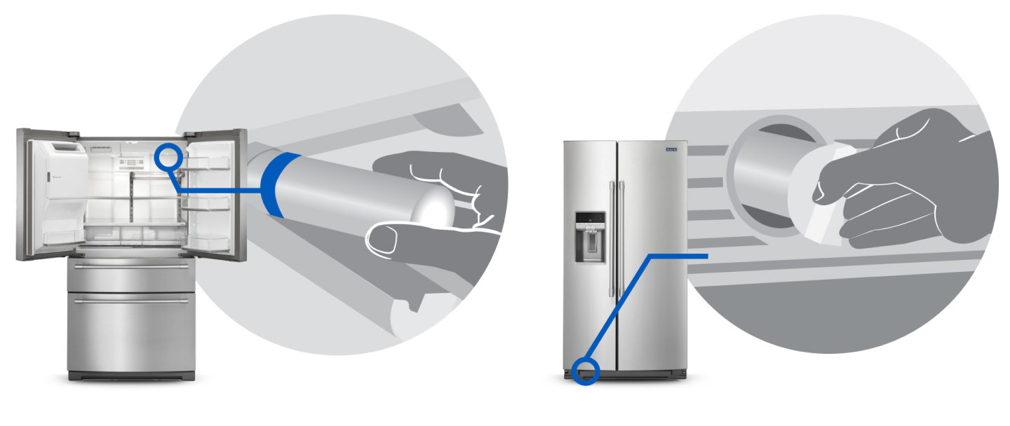 Diagram showing how to replace a water filter in a Maytag® refrigerator