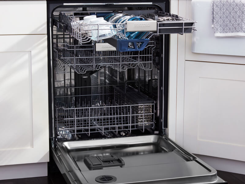The interior of a dishwasher