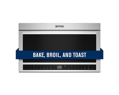 Maytag® over-the-range microwave with “bake, broil, and toast” banner