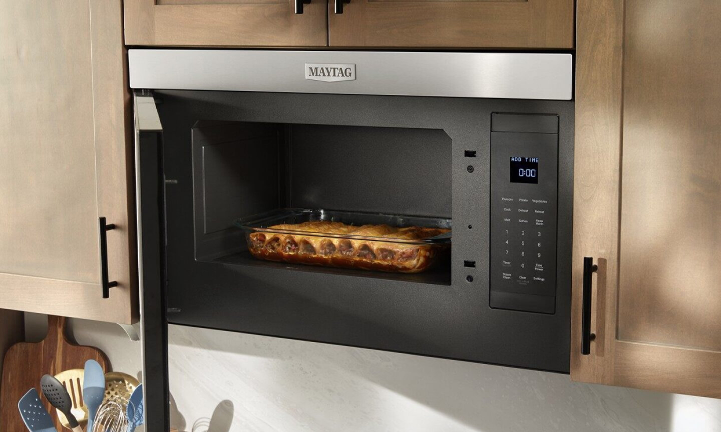 Casserole in an open microwave