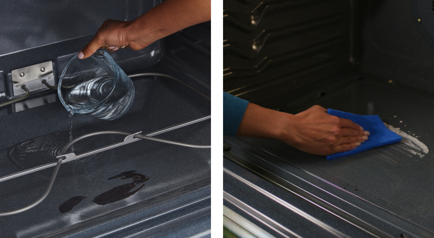 A person cleaning the inside of an oven