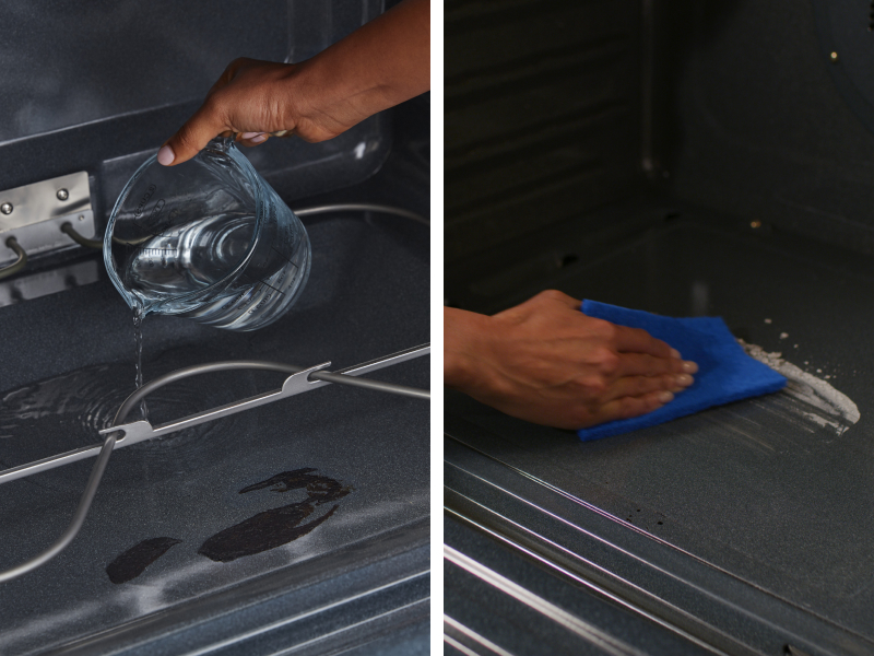 A person cleaning the inside of an oven