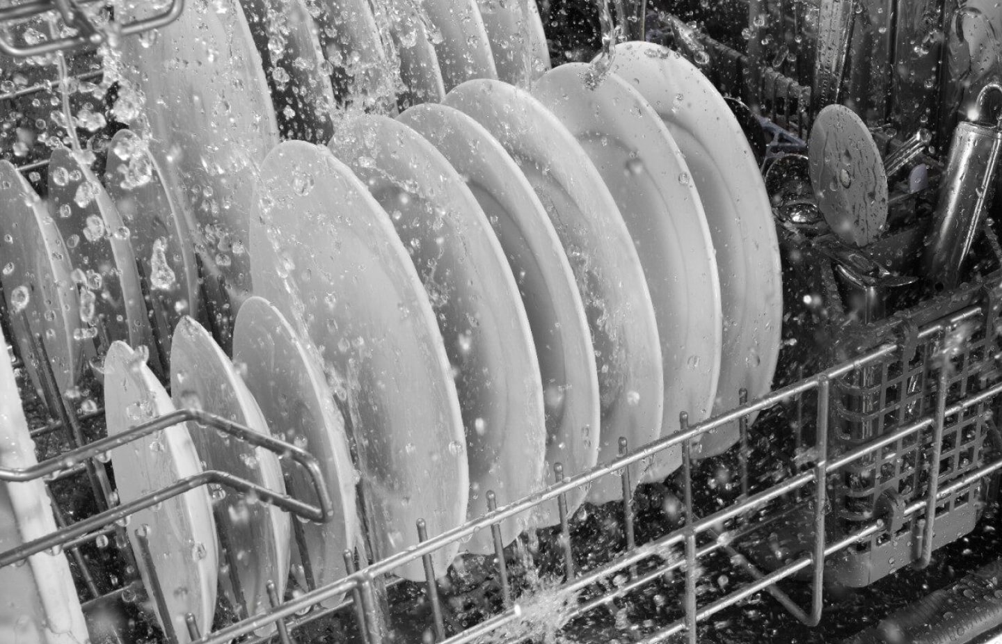 View of dishes in dishwasher rack during washing cycle