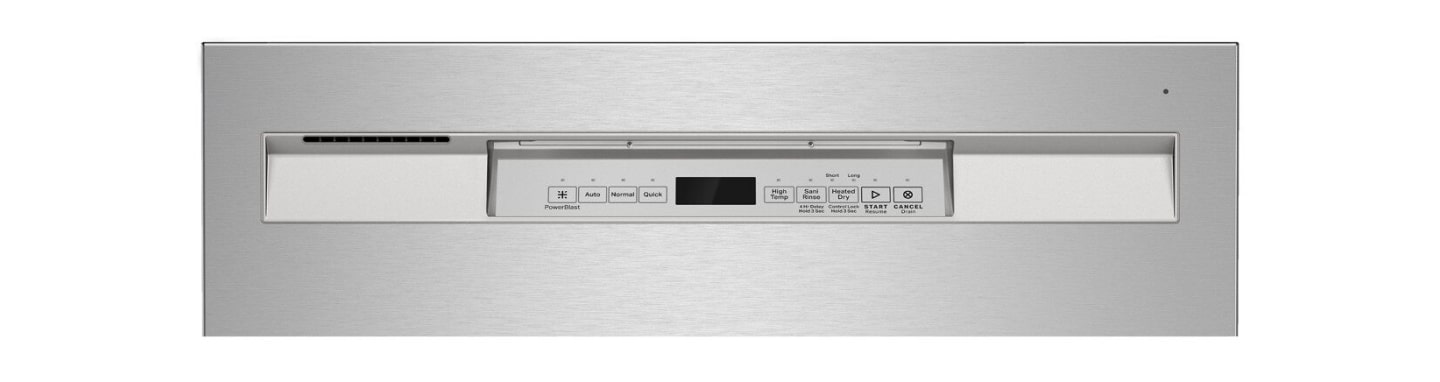 Close up of front-control dishwasher buttons