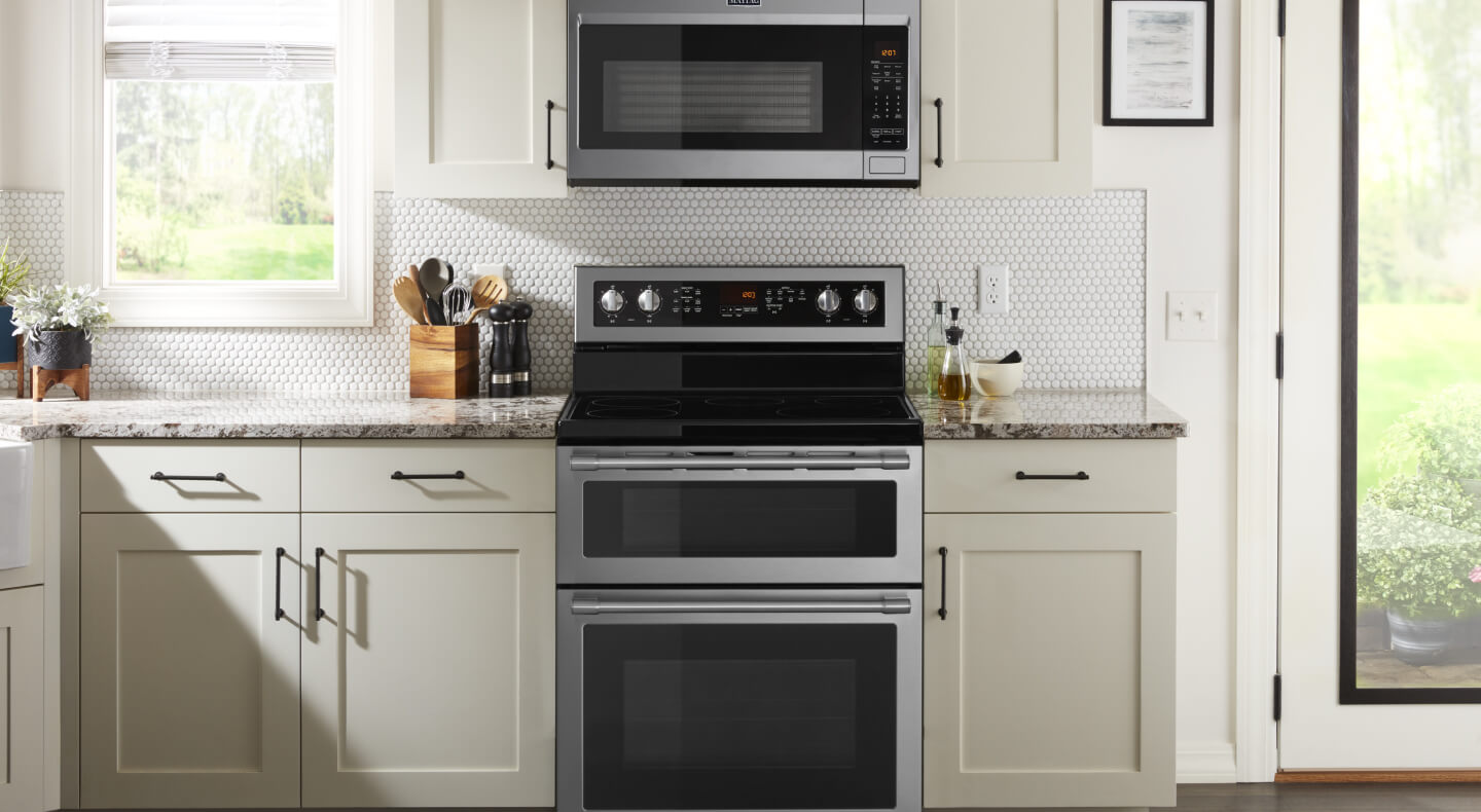  The interior of a kitchen with an electric range