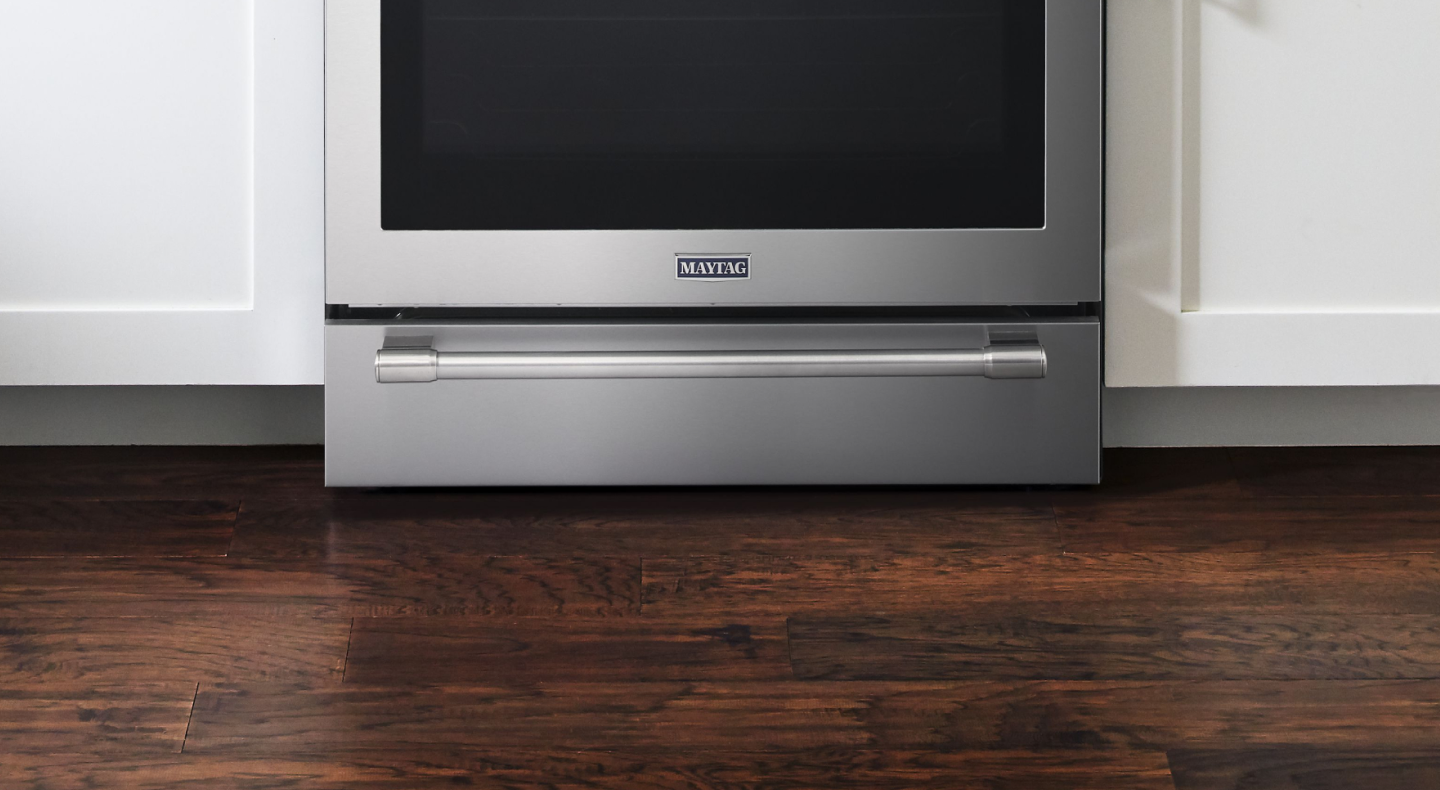 A closeup of a Maytag® oven drawer