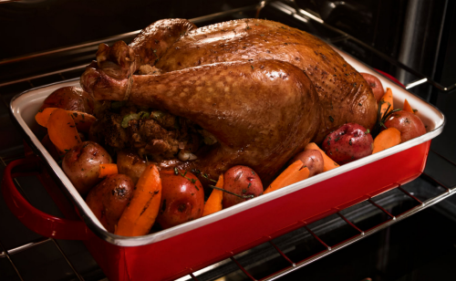 A roasted turkey and vegetables in a baking dish