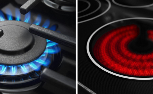 Side-by-side image of electric vs. gas cooktops