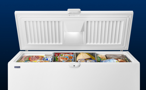 Open Maytag® chest freezer with food items