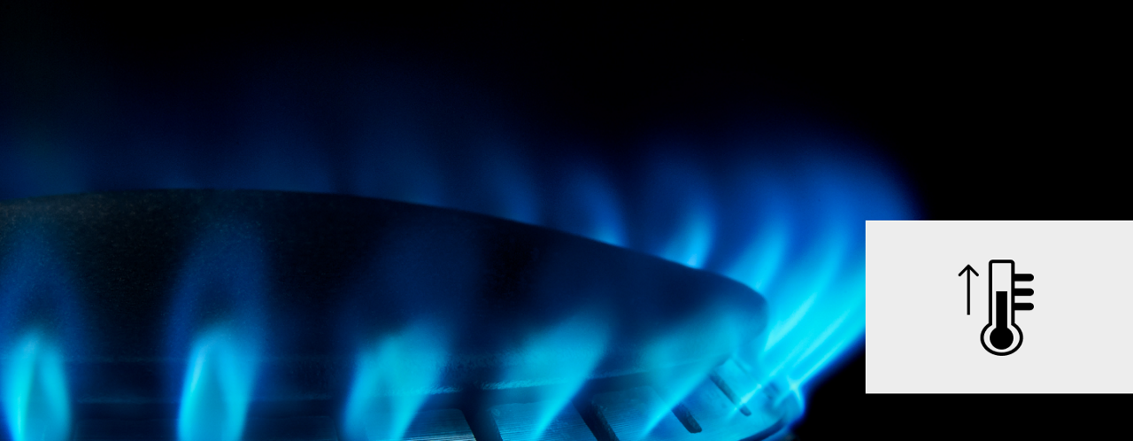 Blue flame from a gas burner with a temperature icon
