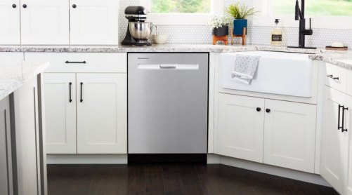 Stainless steel Maytag® dishwasher with a pocket handle