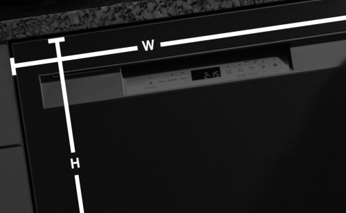 Dishwasher with width and height measurement indicators