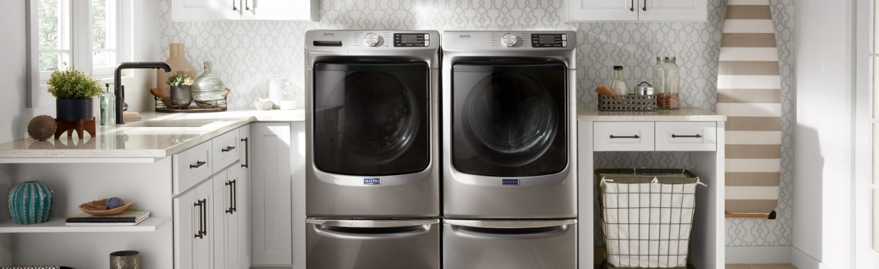 Maytag® laundry pair in a white laundry room