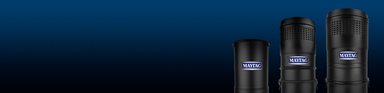 Three black Maytag® central vacuums in different sizes.