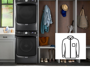 Maytag® front load stackable washer and dryer in a modern laundry room
