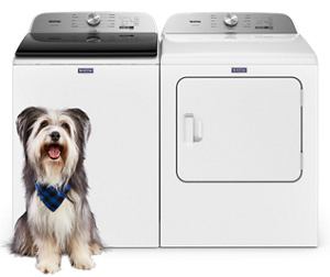 A furry dog in front of a Maytag® Pet Pro washer and dryer set.