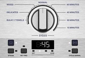 Maytag® dryer control panel with cycle knob and digital display