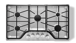 A stainless steel gas cooktop.