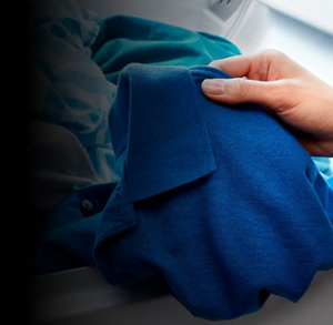 A close-up of blue and gray clothes