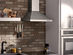 Range hood over cooktop next to wall oven