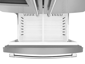 Birds-eye view of empty bottom freezer on bottom-freezer refrigerator