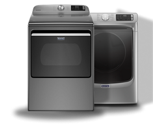 A Maytag® top load and front load clothes dryer in metallic slate.
