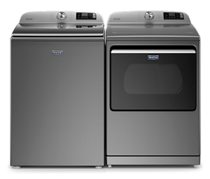 A Maytag® laundry set in metallic slate.