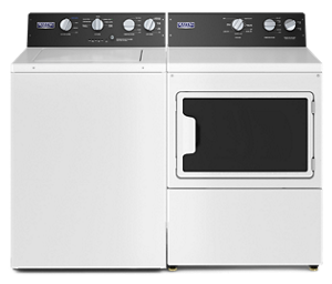 A Maytag® commercial-grade laundry set in white.