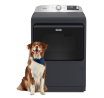 A Maytag® dryer with a dog in front