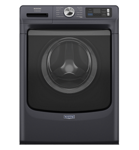 Maytag® front load washer in midnight steel.