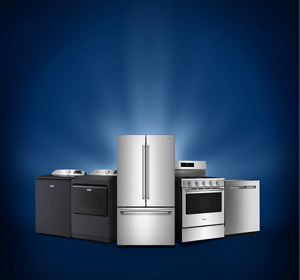 Maytag® appliances silhouetted on a blue background.