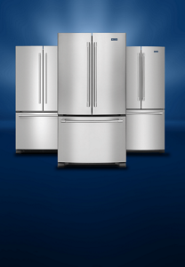 Three Maytag® French door refrigerators