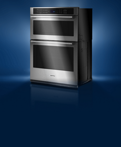 A Maytag® stainless steel wall oven silhouetted on a blue background.