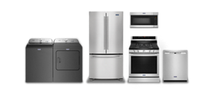 A Maytag® laundry pair, french door refrigerator, gas range, microwave and dishwasher.